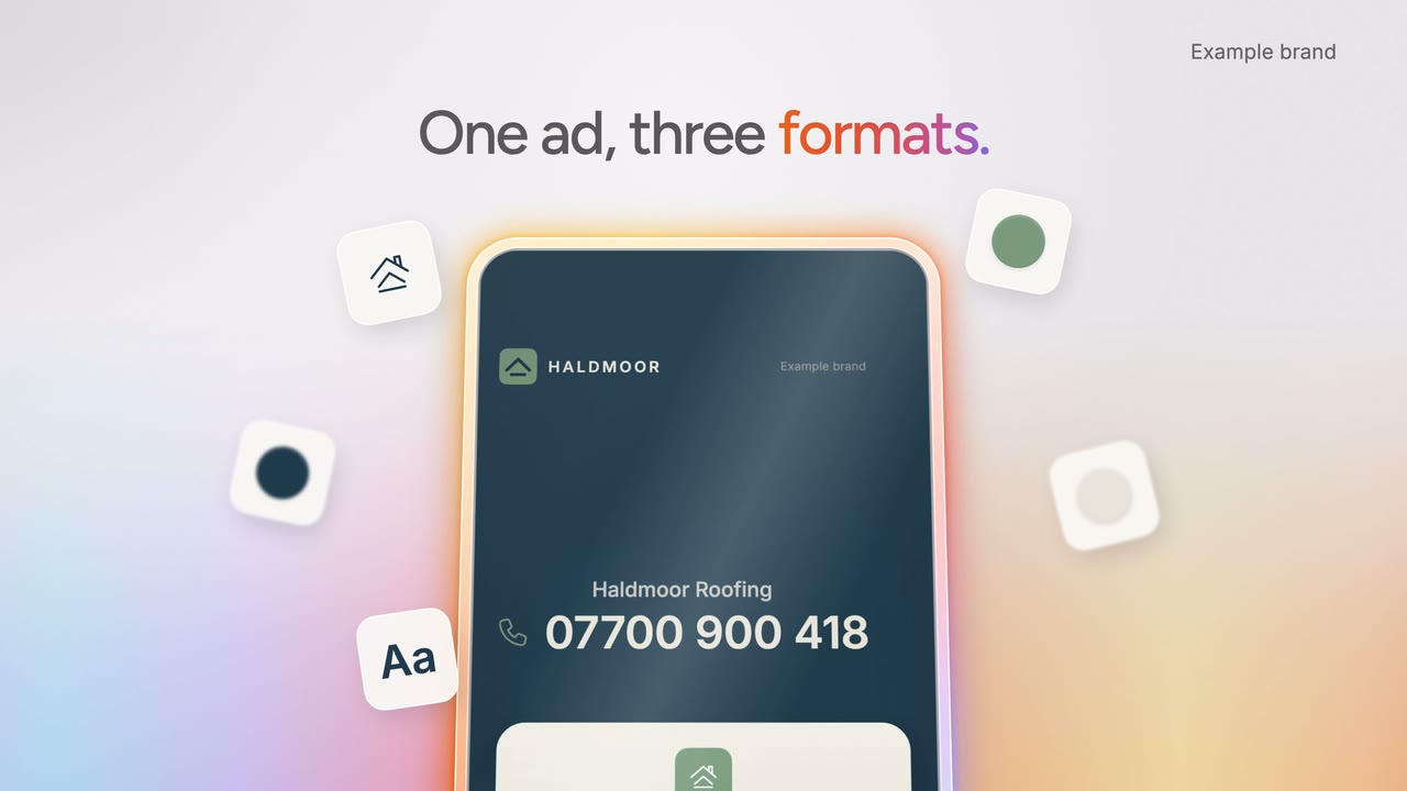 Still from the Animated Ads film: one ad, three formats, for an example roofing brand